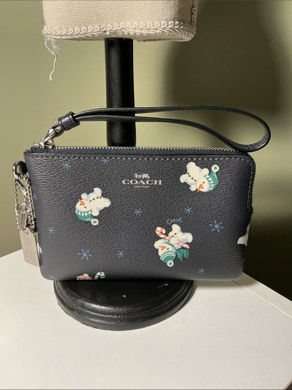 Coach Navy Snowman Print Corner Zip Wristlet with Snowman Charm EUC